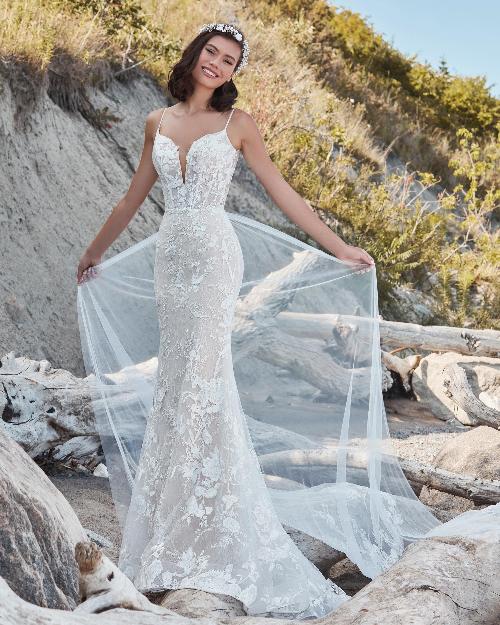 La21106 lace sheath wedding dress with detachable train and spaghetti straps1